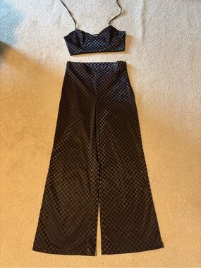 Checkered Two-Piece Crop Top & Wide Leg Pants Set - Brown